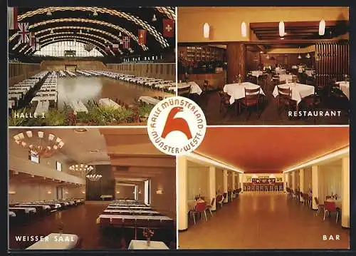 AK Münster /Westf., Halle Münsterland mit Restaurant und Weissem Saal, Am Hawerkamp 6
