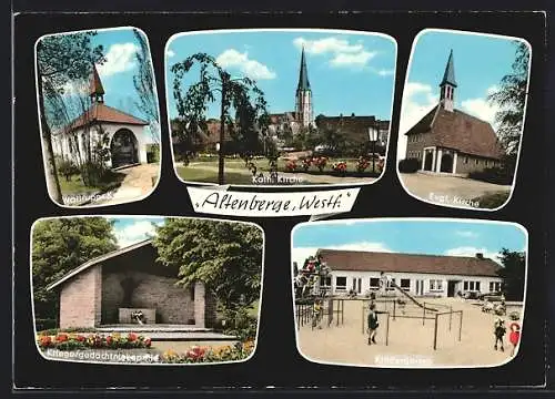 AK Altenberge /Westf., Kath. und Evgl. Kirche, Kriegergedächtniskapelle und Kindergarten