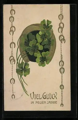 Präge-AK Kleeblätter und Hufeisen bringen Glück zu Neujahr