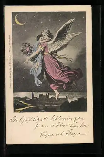 AK Engel fliegt mit Kind im Arm über die Stadt