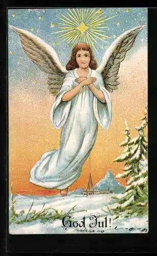 AK Weihnachtsengel am Himmel mit vor der Brust gekreuzten Armen, Winterlandschaft