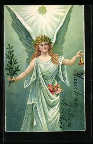 AK Weihnachtsengel mit Tannenzweig und Glöckchen
