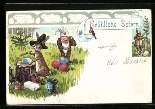 AK Zwerg verfärbt sich die Hand an einen vom Osterhasen bemalten Ei, Osterhasen tanzen