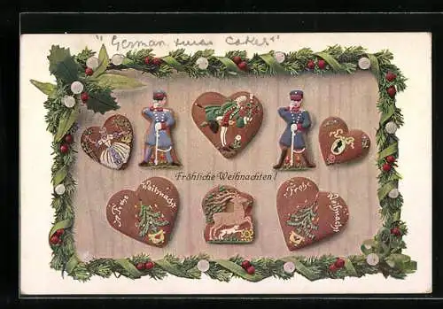 AK Weihnachtsgruss mit Lebkuchen in Soldaten- und Herzform