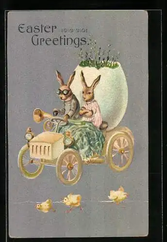Präge-AK Osterhasen-Paar fährt im Auto an Küken vorbei
