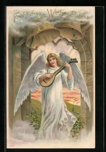 AK Weihnachtsengel mit Laute im Glockenturm