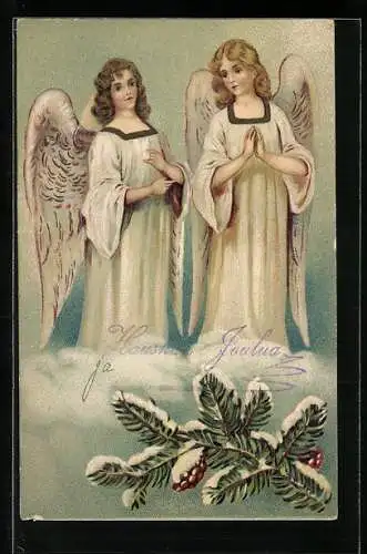 Präge-AK Weihnachtsengel beim Beten in den Wolken