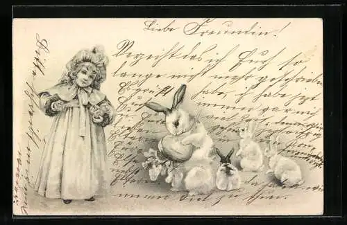 Präge-AK Junges Mädchen mit Osterhasen und Eiern