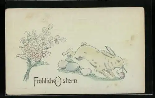 Präge-AK Osterhase eilt mit bunten Eiern davon