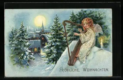 Präge-AK Weihnachtsengel spielt auf der Harfe vor der Stadt