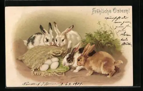 AK Osterhasen knabbern am Salat