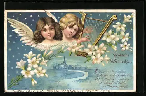 AK Zwei Weihnachtsengel spielen mit der Harfe, Lilien