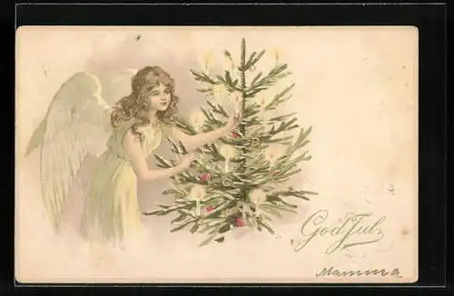 Lithographie Fröhliche Weihnachten, Weihnachtsengel entzündet Kerzen an Tannenbaum