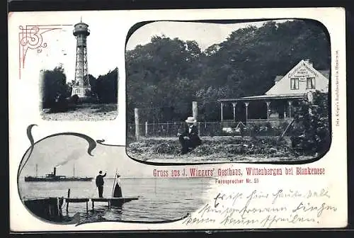 AK Hamburg-Wittenbergen, Johann Wiggers Gasthaus, Leuchtturm