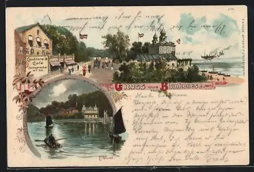 Lithographie Hamburg-Blankenese, F. Battkes Cafe zur Elblust bei Tag und Nacht