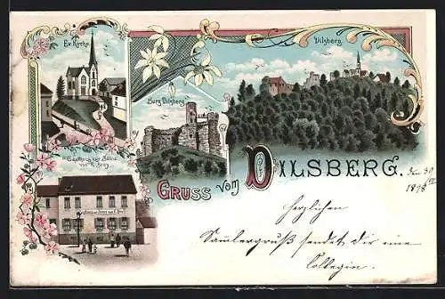 Lithographie Dilsberg, Gasthaus zur Sonne von K. Broy, Kirche und Burg