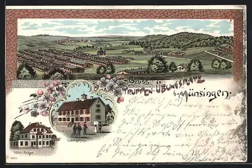 Lithographie Münsingen, Truppen-Übungsplatz, Hotel Fezer, Ludwigshöhe, Gesamtansicht