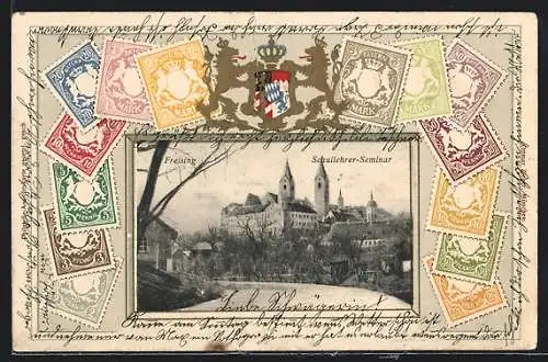 Präge-AK Freising, Schullehrer-Seminar mit Briefmarken-Passepartout