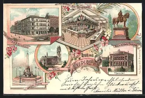 Lithographie Magdeburg, Geschäftshaus und Lokal Max Görnemann, Dom und Hasselbach-Brunnen