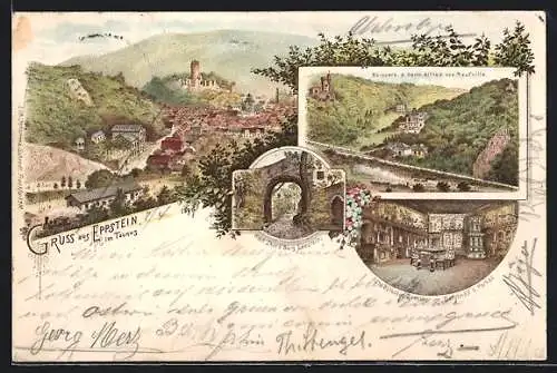 Lithographie Eppstein im Taunus, Altdeutsches Zimmer im Bergfried, Bergpark d. Herrn Alfred von Neufville