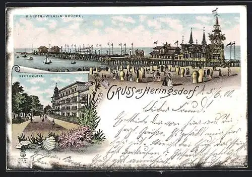 Lithographie Heringsdorf / Seebad, Kaiser-Wilhelm-Brücke und Seeschloss