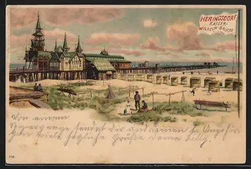 Lithographie Heringsdorf / Seebad, Partie an der Kaiser-Wilhelm-Brücke am Strand