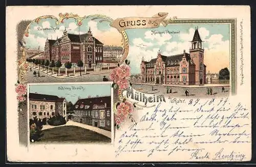 Lithographie Mülheim / Ruhr, Schloss Broich, Luisenschule, Kaiserliches Postamt