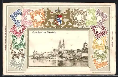 Präge-AK Regensburg, Blick vom Oberwörth mit Briefmarken-Passepartout