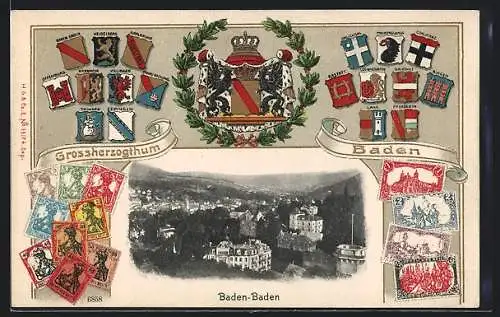 Präge-AK Baden-Baden, Teilansicht mit Wappen- und Briefmarkenpassepartout