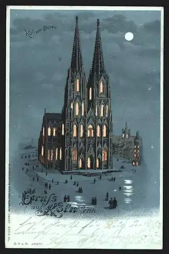 Mondschein-Lithographie Köln, Der Dom mit beleuchteten Fenstern, Halt gegen das Licht