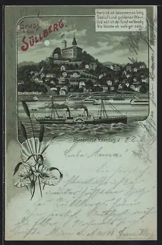 Mondschein-Lithographie Blankenese b. Hamburg, Dampfer vor dem Süllberg