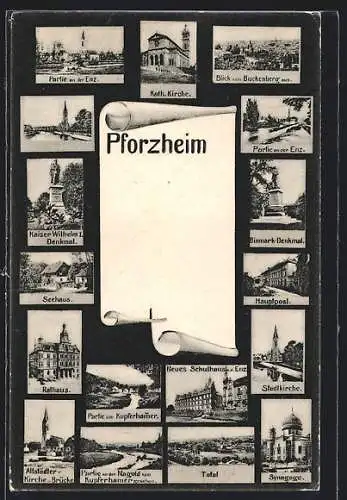 AK Pforzheim, Synagoge, Seehaus, Neues Schulhaus und Hauptpost
