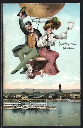 AK Neuwied, Fliegende Menschen im Ballon über dem Marktplatz