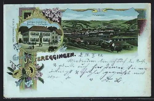 Lithographie Untereggingen, Totalansicht, Gasthaus Drei König