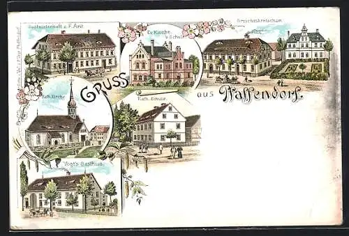 Lithographie Pfaffendorf, Gastwirtschaft F. Arit, Vogts Gasthaus, Gerichtskretscham