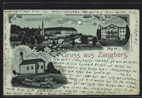 Mondschein-Lithographie Zangberg, Villa Riedl, Kloster, Palmberg