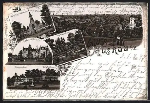 Lithographie Muskau, Totalansicht, Schloss, Hermannsbad, Villa Bellvue