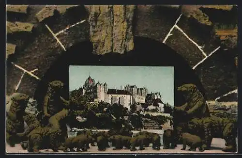 Grusskarten-AK Bernburg, Ortsansicht mit Bären