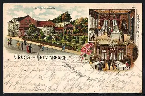 Lithographie Grevenbroich, Hotel Borrenkott, Innen- und Aussenansichten