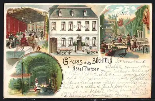 Lithographie Süchteln, Hôtel Platzen, Veranda, Hofraum