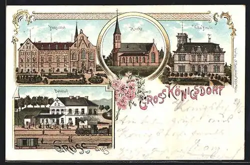 Lithographie Gross-Königsdorf, Bahnhof, Villa Paulli, Pensionat