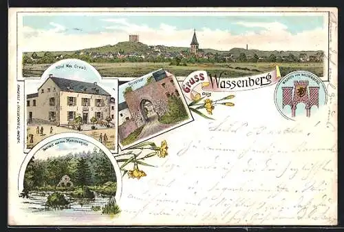 Lithographie Wassenberg, Hotel Max Graab, Partie aus dem Marienbruch, Rosstor