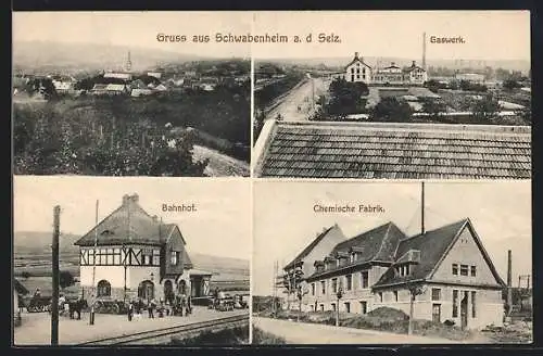 AK Schwabenheim, Bahnhof, Gaswerk und Chemische Fabrik