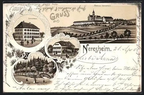 Lithographie Neresheim, Schulhaus, Schloss, Kgl. Amtsgericht