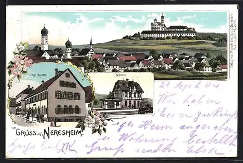 Lithographie Neresheim, Kgl. Oberamt, Bahnhof von der Gleisseite, Panorama