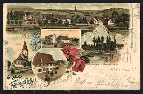 Lithographie Faurndau, Gasthaus zum Hirsch, Kunstmühle von Albrecht Wildermuth, Kirche