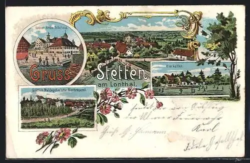 Lithographie Stetten am Lonthal, Schloss, Kirche und Bräuhaus, Gräflich Maldegehm`sche Bierbrauerei, Bierkeller