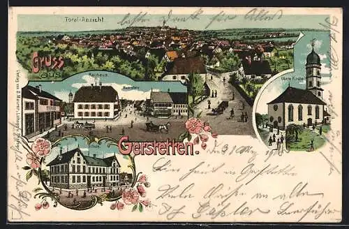 Lithographie Gerstetten, Schule, Marktplatz mit Rathaus, Obere Kirche