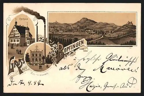 Lithographie Bopfingen, Rathaus, Electricitätswerk, Panoramablick auf Ort und Umgebung