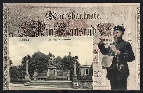 AK Lennep, Kaiser Wilhelm-Denkmal, Ansicht auf Geld-Schein, Briefträger